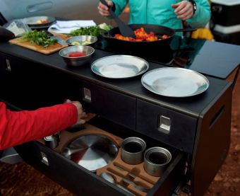 Rivian Electric Adventure Vehicles Functional Pull Out Kitchen close up