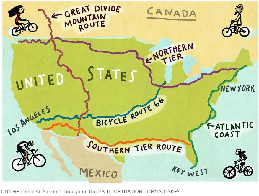 ACA Bicycle routes in U.S. Illustration by John S. Dykes Wall Street Journal