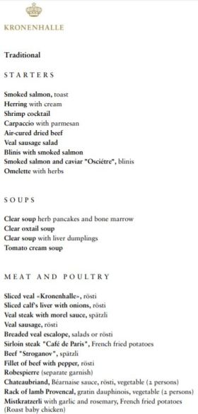Restaurant Kronenhalle Zurch Menu