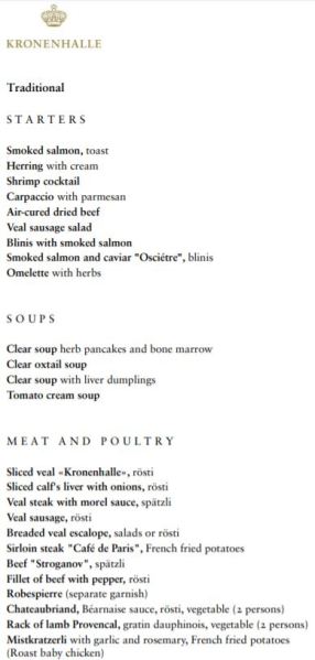 Restaurant Kronenhalle Zurch Menu