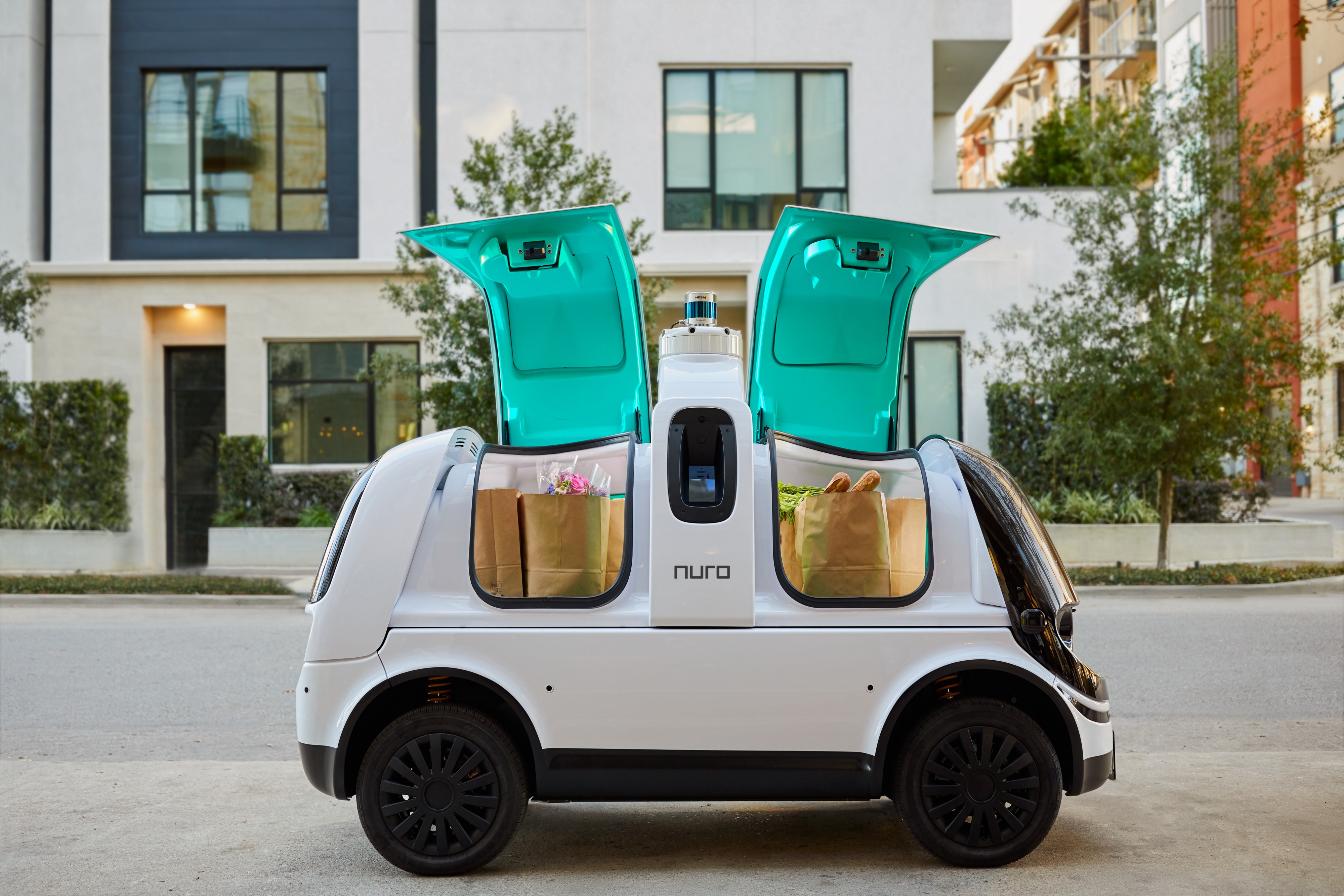 Nuro Self-Driving Delivery Vehicle compartments open