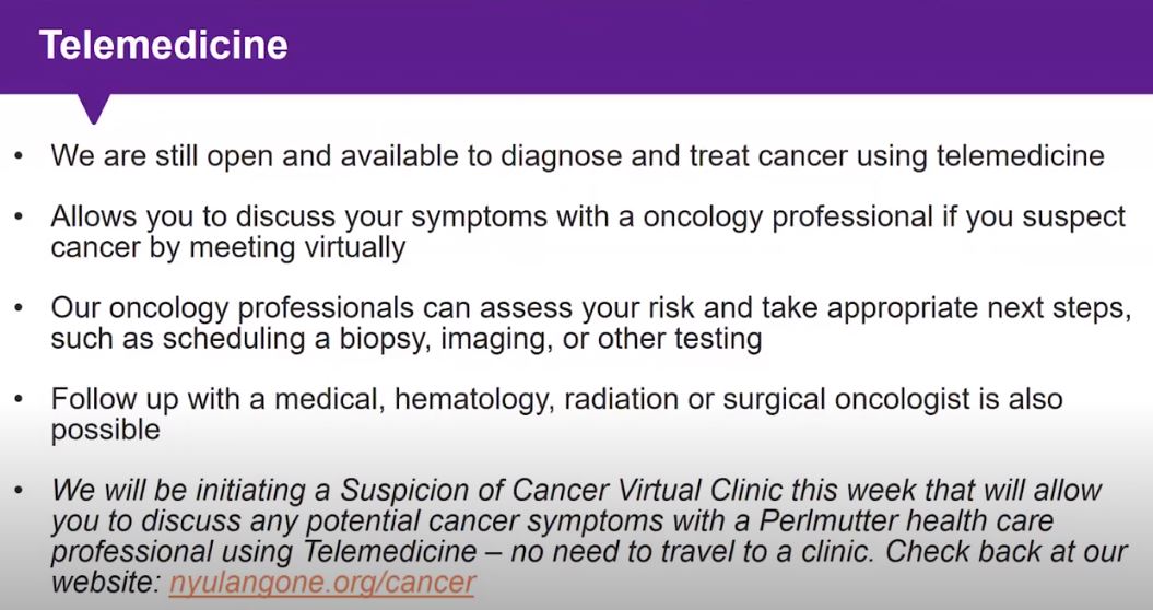 Telemedicine NYU Langone Health Cancer and Covid-19