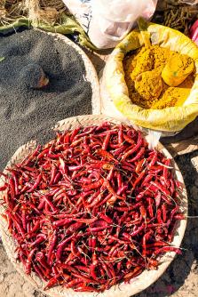 Red chili, black pepper and turmeric at local market