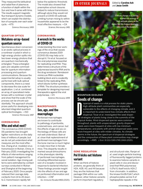 SCIENCE MAGAZINE RESEARCH HIGHLIGHTS JUNE 26 2020