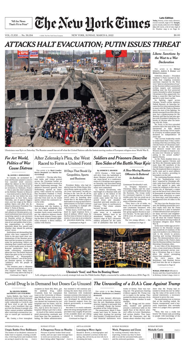 Front Page View: The New York Times – March 6 | Boomers Daily